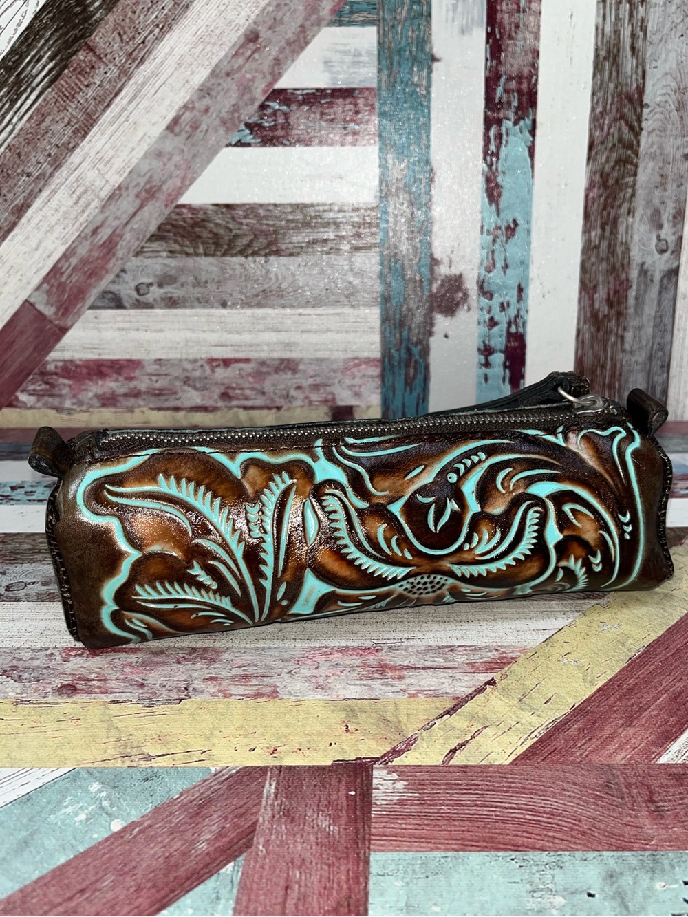 Patricia Nash Isla Tooled Leather Cylinder Shape Wristlet Bag EUC Cosmetic Brown